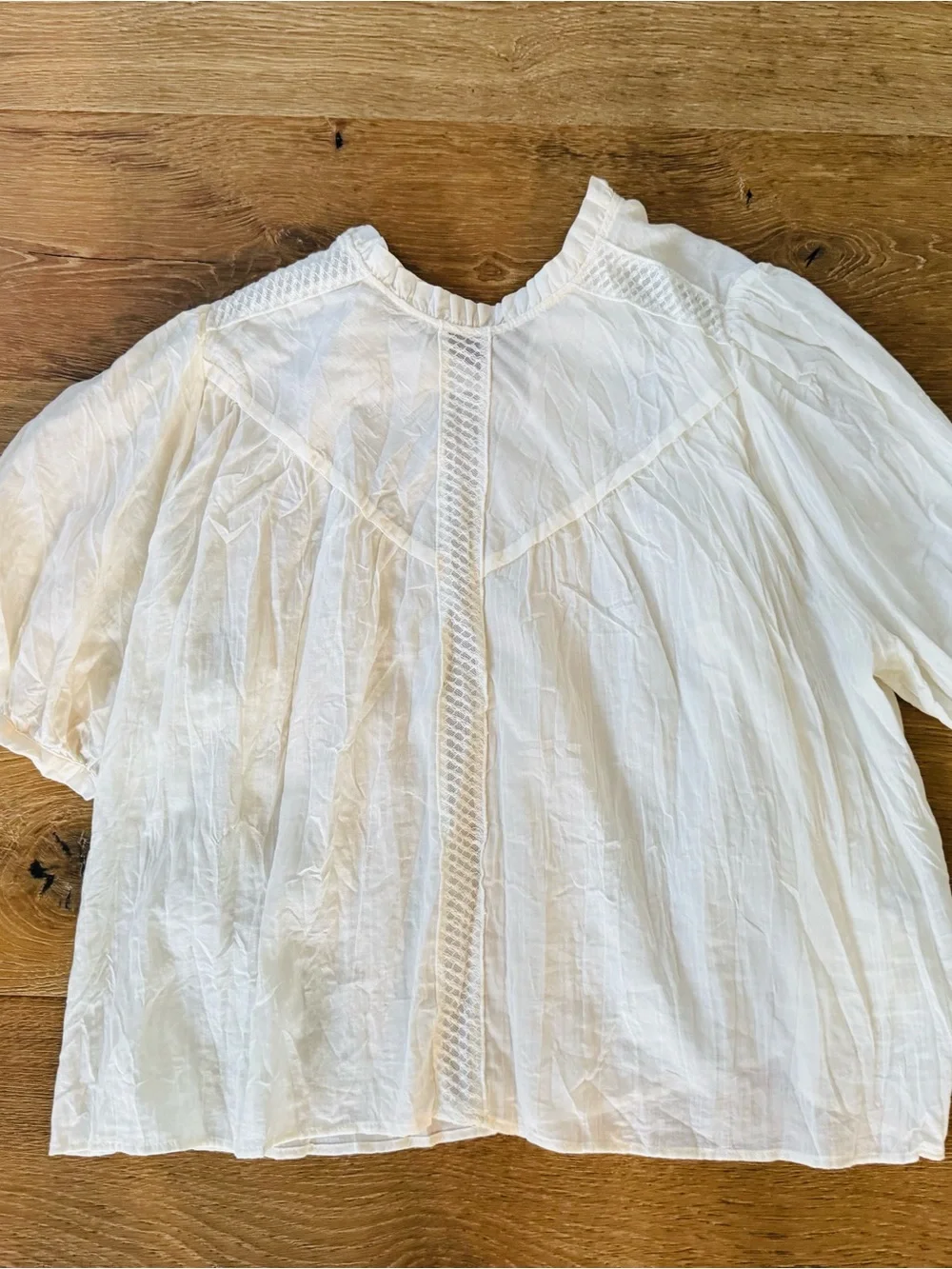 Zara Cream Puff-Sleeve Cotton Blouse with Ladder Lace Trim